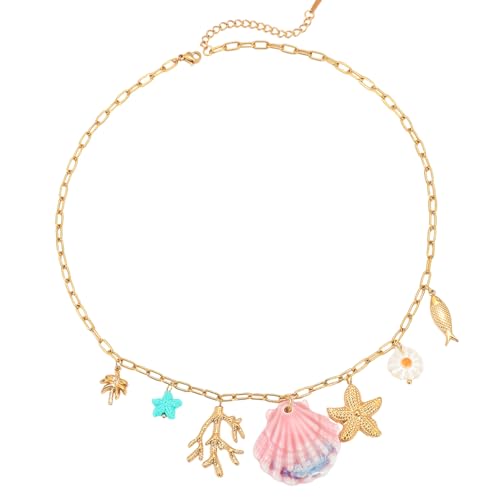 YUNGLOO Muschel-inspirierte Edelstahl-Halskette, verstellbare Muschel- und Seestern-Anhänger, eleganter Schmuck für Frauen, Themenschmuck für Damen, Geschenk von YUNGLOO