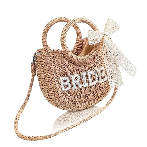 YUNGLOO Stilvolle, elegante Strandtasche für Damen, Hochzeiten, Freizeitausflüge, leicht zu reinigen, Foto-Requisiten, Stroh, gewebte Schultertasche, Braut, Einheitsgröße von YUNGLOO