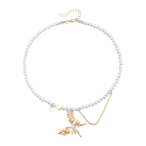 YUNGLOO Stilvolle Kristall-Schmetterling-Herz-Anhänger-Halskette, verziert mit simulierten Perlen, Fransen-Tropfen, leichter Schmuck, modische Perlen-Quasten-Halskette von YUNGLOO