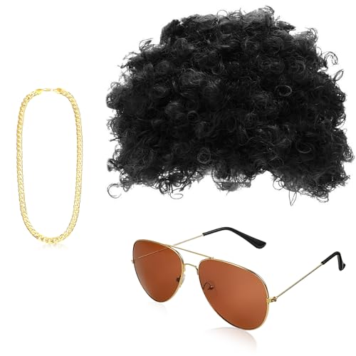 Perücke 70er 80er Männer 3 Stück Mit Goldkette Sonnenbrille Schwarz Hippie Perücke Karneval Perücke Afro Perücke für Karnevalsparty 70er Jahre Outfit Herren Hippie Kostüm Accessoires von YUNHENTONG