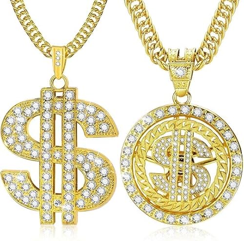 Dollar Kette Goldkette Fasching 2 Stück Rapper Kette Hip Hop Kette Zuhälter Kostüm Pimp Rapper Hip Hop Kostüm Herren von YUNHENTONG
