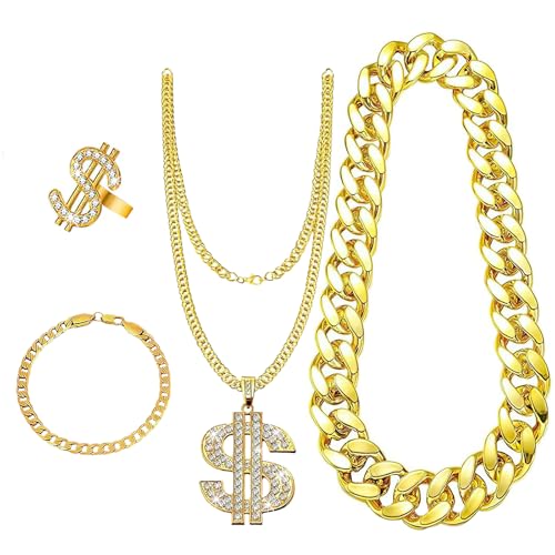 YUNHENTONG Dollar Kette Goldkette Fasching 4 Stück Rapper Kette Armbänder Ring Hip Hop Kette Zuhälter Kostüm Pimp Rapper Hip Hop Kostüm Herren von YUNHENTONG