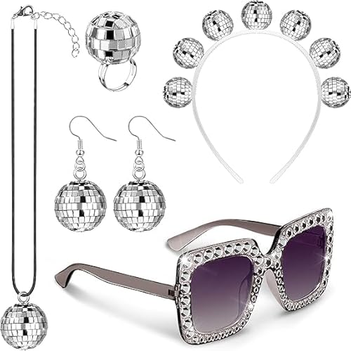 YUNHENTONG 70s Disco Accessoires,Discokugel Spiegelkugel Schmuck Set,Funkeln Ohrringe Set 70er Jahre Disco Accessoires Damen FüR Party von YUNHENTONG