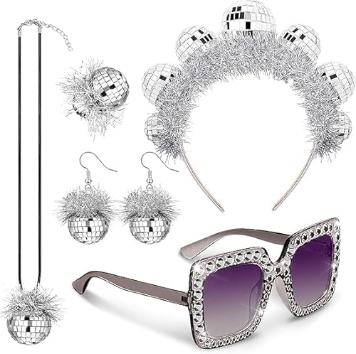 YUNHENTONG 70s Disco Accessoires,Discokugel Spiegelkugel Schmuck Set,Funkeln Ohrringe Set 70er Jahre Disco Accessoires Damen FüR Party von YUNHENTONG