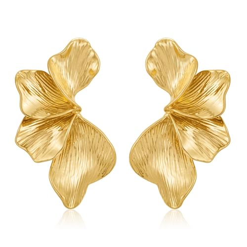Gold Ohrringe Damen, Fächerförmig Blumen Ohrringe, Statement Earrings Groß Goldene Blumenohrringe für Mädchen Damen Partys Zubehör, Alltag, Hochzeit (Gold-A) von YUNHENTONG
