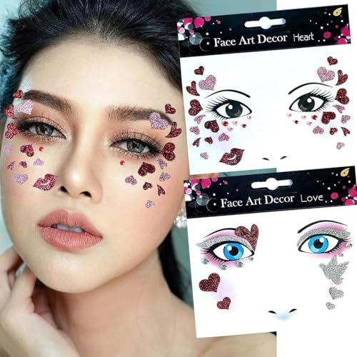 Herz Sticker Gesicht Glitzer Herzen Gesichtstattoo Karneval 2 Stück Aufkleber Gesicht Karneval Gesichtsaufkleber Karneval Face Art Sticker Fasching Gesichtstattoo Glitzer Valentinstag von YUNHENTONG