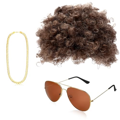 Perücke 70er 80er Männer 3 Stück Mit Goldkette Sonnenbrille Braunes Hippie Perücke Karneval Perücke Afro Perücke für Karnevalsparty 70er Jahre Outfit Herren Hippie Kostüm Accessoires von YUNHENTONG