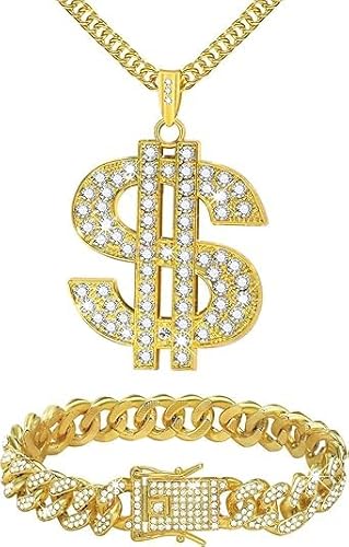 YUNHENTONG Dollar Kette Goldkette Fasching 2 Stück Rapper Kette Armbänder Hip Hop Kette Zuhälter Kostüm Pimp Rapper Hip Hop Kostüm Herren von YUNHENTONG