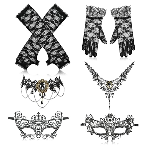 YUNHENTONG Halloween Spitzenmaske,Spitze Maske,Halloween Spitze Halskette,Gothic Schmuck Halskette,Augenmaske Maskerade Maske für Halloween Karneval Abendkleid Tanz Ball Party von YUNHENTONG