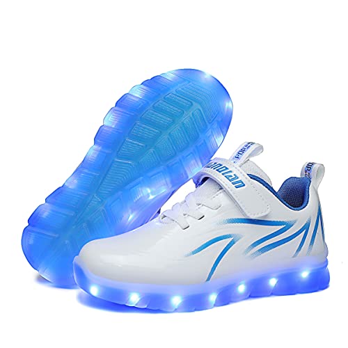 Kleinkind Kinder LED Leuchten Schuhe Tanzen Sie Blenden USB-Lade-Sneaker für Jungen Mädchen (Blau Weiss,29) von YUNICUS