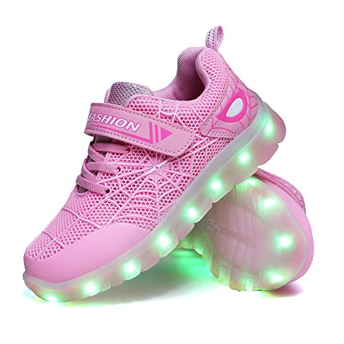 YUNICUS Kids Light Up Schuhe Led Flash Sneakers mit Spider Upper USB-Aufladung für Jungen Mädchen Kleinkinder (rosa-weiß 31 EU) von YUNICUS