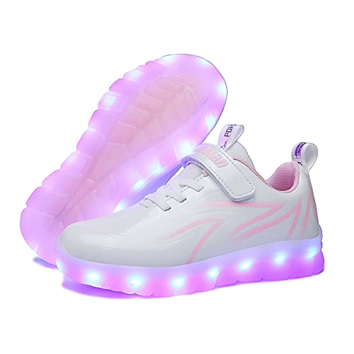 YUNICUS Kleinkinder LED-Beleuchtung Schuhe Mädchen mit wiederaufladbarem Sportschuhe mit USB-Ladegerät für Jungen Kinder (Rosa Weiß,32) von YUNICUS