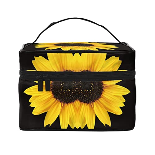 YUNKOU Make-up-Tasche mit Wildblumen-Sonnenblumen-Motiv, tragbare Kosmetiktasche für Frauen, große Kapazität, Reise-Make-up-Tasche, Organizer, Schwarz, Einheitsgröße von YUNKOU