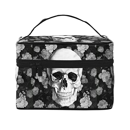 YUNKOU Make-up-Tasche mit weißen Blumen und Totenkopf, tragbare Kosmetiktasche für Frauen, große Kapazität, Reise-Make-up-Tasche, Organizer, Schwarz, Einheitsgröße von YUNKOU