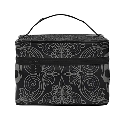 YUNKOU Totenkopf-Hintergrund-Make-up-Tasche, tragbare Kosmetiktasche für Frauen, große Kapazität, Reise-Make-up-Tasche, Organizer, Schwarz, Einheitsgröße von YUNKOU