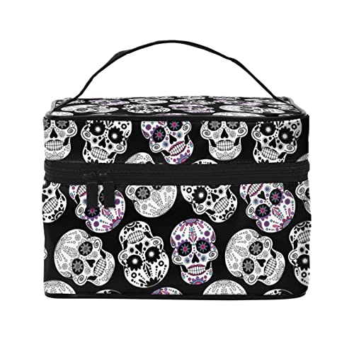 YUNKOU Vintage Sugar Skulls Make-up-Tasche Tragbare Kosmetiktasche für Frauen Große Kapazität Reise Make-up Koffer Organizer, Schwarz, Einheitsgröße von YUNKOU