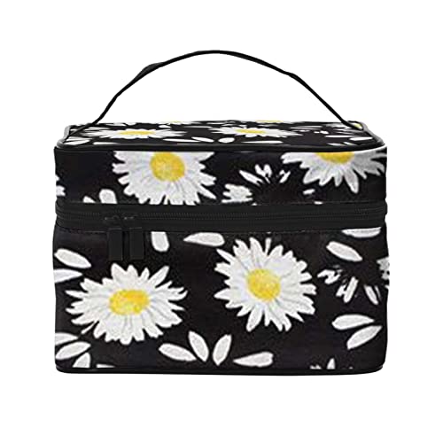 YUNKOU Weiße Gänseblümchen-Make-up-Tasche, tragbare Kosmetiktasche für Frauen, große Kapazität, Reise-Make-up-Tasche, Organizer, Schwarz, Einheitsgröße von YUNKOU