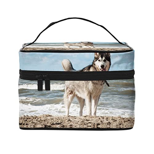 YUNKOU siberischer Husky am Strand Make-up-Tasche tragbare Kosmetiktasche für Frauen große Kapazität Reise Make-up Koffer Organizer, Schwarz, Einheitsgröße von YUNKOU