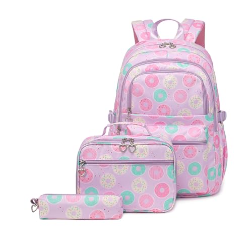 YUNNESS Niedliches Druck-Rucksack-Set mit Lunchtasche, Federmäppchen für Teenager-Mädchen, 3-teilige Schultasche für Grundschüler von YUNNESS