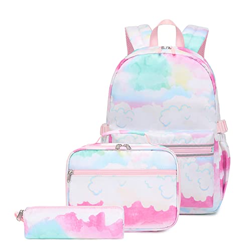 YUNNESS Nylon-Schulrucksack-Set, 3-teilig, leicht, für Teenager und Mädchen, Büchertaschen, isolierte Lunchtasche, Federmäppchen von YUNNESS