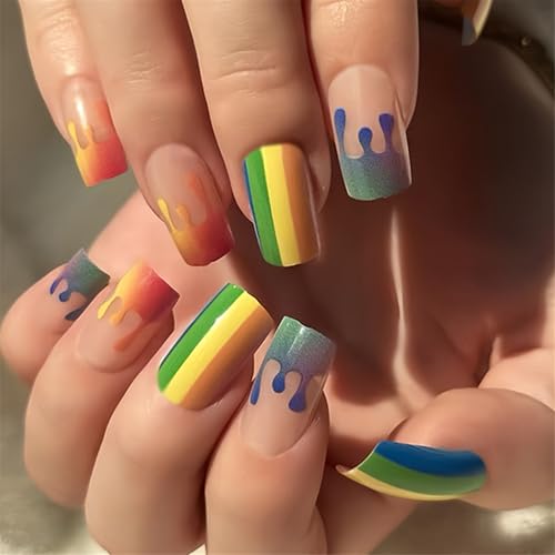 YUNNIAN 24 Stück glänzende Regenbogen-Streifen-Nägel zum Aufdrücken, kurze quadratische falsche Nägel, französische Spitzen für Frauen und Mädchen, Nagelkunst YUNNIAN 24 Stück glänzende Regenbogen-Streifen-Nägel zum Aufdrücken, kurze quadratische falsche Nägel, französische Spitzen für Frauen und Mädchen, Nagelkunst von YUNNIAN