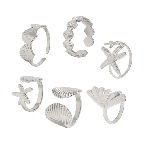 YUNNIAN 6 Piece Einstellbare Open Joint Ringe Set Starfishes Shell Star Designs Hot Day Beach Schmuck Geschenk Für Frauen Freunden Schwestern Urlaubsmotiv Matching Sortiment von YUNNIAN