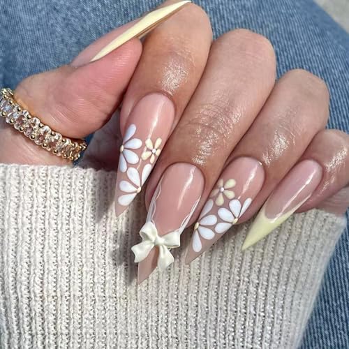YUNNIAN Elegante French Styles lange Nägel zum Aufdrücken mit Blume und Schleifen, künstliche Nägel für modische Frauen YUNNIAN Elegante French Styles lange Nägel zum Aufdrücken mit Blume und Schleifen, künstliche Nägel für modische Frauen von YUNNIAN