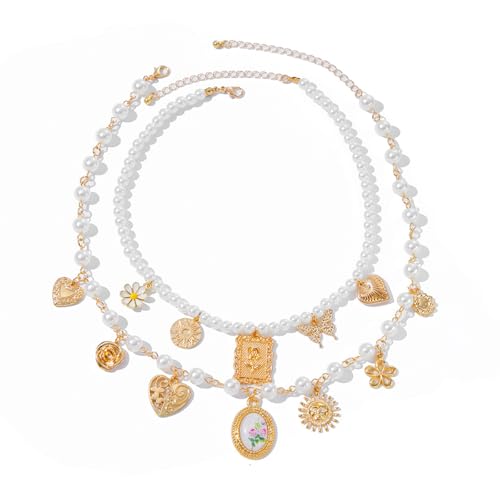 YUNNIAN Elegantes Stapelbares Halsketten Set Mit Barken Inspirierten Blumendetails Und Nachahmungsperlen Ideal Für Tägliche Verschleiß Oder Partykleidung Elegante Perlen Und Leichtmetallkette von YUNNIAN