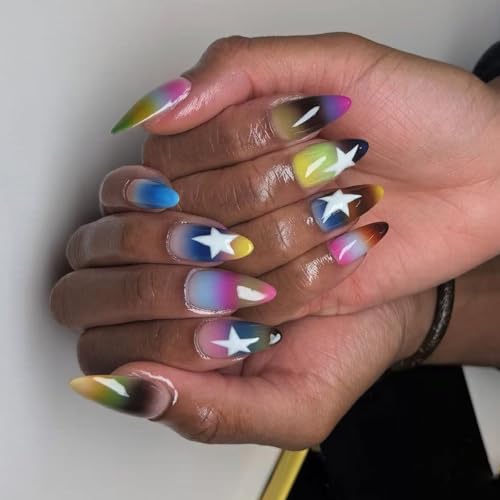 YUNNIAN Kunstnägel zum Aufdrücken, kurze Mandel, glänzend, Acryl, zum Aufkleben, für Damen, 24 Stück von YUNNIAN