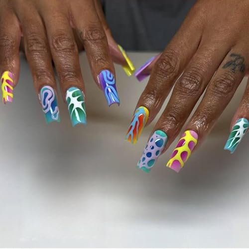 YUNNIAN Press on Nails Kunstnägel, quadratisch, mit bunten Designs, glänzende Kunstnägel für Damen von YUNNIAN