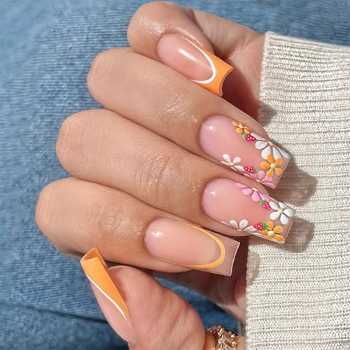 YUNNIAN Quadratische Nägel zum Aufdrücken mit Erdbeer- und Blumendesign, französische Kunstnägel, Acryl, künstliche Nägel für Frauen YUNNIAN Quadratische Nägel zum Aufdrücken mit Erdbeer- und Blumendesign, französische Kunstnägel, Acryl, künstliche Nägel für Frauen von YUNNIAN