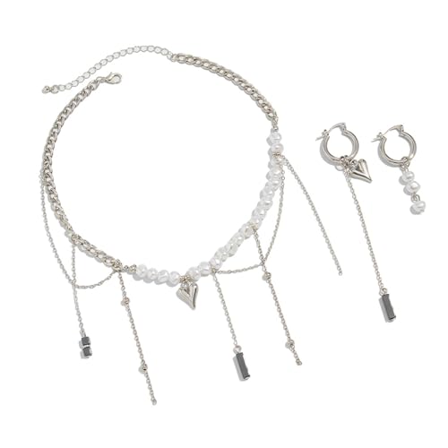 YUNNIAN Schicht Herz Anhänger Ohrringe Und Halskette Und Perlen Halshöre Ohrringe Juwely Geschenk Für Frauen Girls Alloy Kette Halskette von YUNNIAN