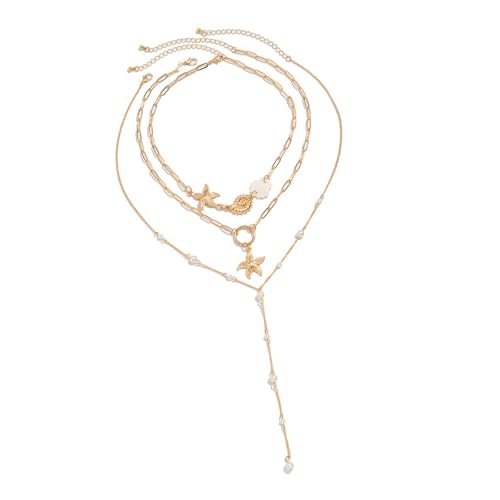 YUNNIAN Seesterne Schale Perlen Stapelbare Halskette Gold Schlüsselblikan Ketten Schmuck Set Für Frauen Strandpartys Heiße Tag Accessoires Zarte Muschel Charme Halskette von YUNNIAN