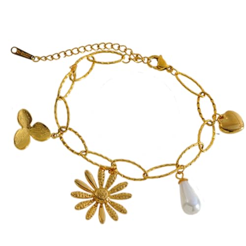 YUNNIAN Stylish Multi Charme Armband Multi Anhänger Mit Blumen Und Herzdetail Eleganter Handgelenk Kette Schmuck Mode Blumenherz Herz von YUNNIAN