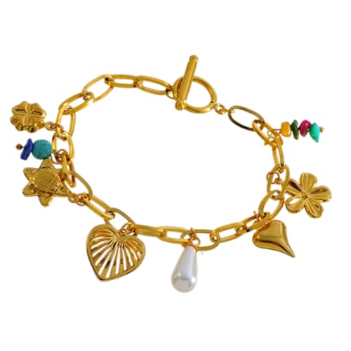 YUNNIAN Stylish Multi Charme Armband Multi Anhänger Mit Blumen Und Herzdetail Eleganter Handgelenk Kette Schmuck Mode Blumenherz Herz von YUNNIAN
