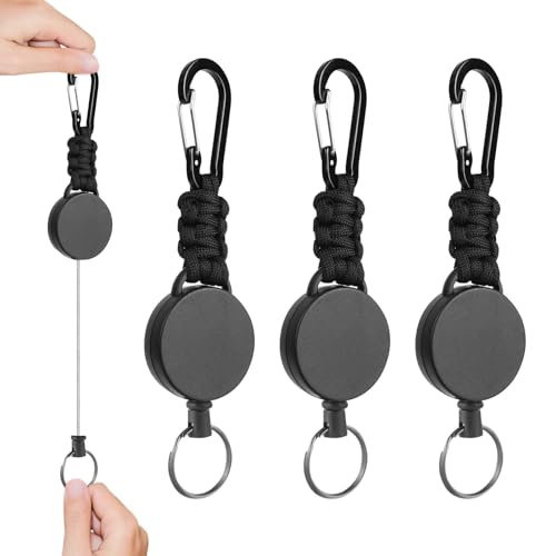 YUNPYCHY Retractable Schlüsselanhänger, 3 Stück Einziehbarer Schlüsselanhänger, Ausziehbar Key Schlüsselband mit Federhaken und Stahldrahtseil für Schlüssel Ausweis,Schwarz von YUNPYCHY