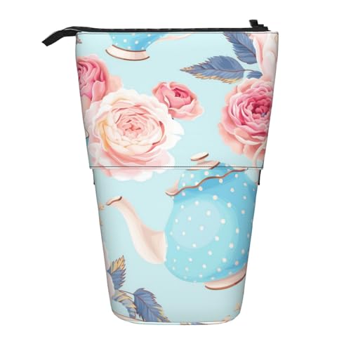 YUNWEIKEJI Blumen Rosen Vintage Teekanne Tassen, Teleskop-Federmäppchen, Standstifthalter mit Reißverschluss, Make-up-Tasche, Bleistiftbeutel, Stifttasche von YUNWEIKEJI