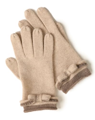 YUONNY Damen 100% Kaschmir Strick Handschuhe Volle Finger Fäustlinge, Winter Weich Warme Fein Gestrickte Bowknot Handschuhe, Elegante Frauen Kaschmir Handwärmer Fäustling, Beste Geschenk Beige F von YUONNY