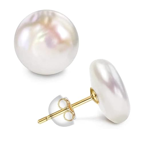 Damen Große Barock Knopf Perlen Ohrringe Süßwasser Zuchtperlen Biwa Perlen 925 Sterling Silber Fassungen Ohrstecker Schmuck(2,15-17mm Pearls) von YUOPMB
