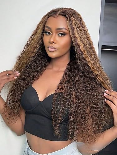 YUPEWG Kunsthaar-Perücke mit vorgezogener Spitze, 13 x 4 x 1, Mittelstreifen, ohne Klebstoff, natürlich gewellt, für schwarze Frauen, mit braunen und blonden Reflexen, bereit zum Tragen YUPEWG Kunsthaar-Perücke mit vorgezogener Spitze, 13 x 4 x 1, Mittelstreifen, ohne Klebstoff, natürlich gewellt, für schwarze Frauen, mit braunen und blonden Reflexen, bereit zum Tragen von YUPEWG