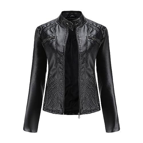 YURCI Damen Kunstlederjacke Frauen Jacke mit Reißverschluss Motorradjacke Kurze Jacke mit Reverskragen Biker Motorrad Jacke Übergangsjacke Ladies Oberbekleidung von YURCI
