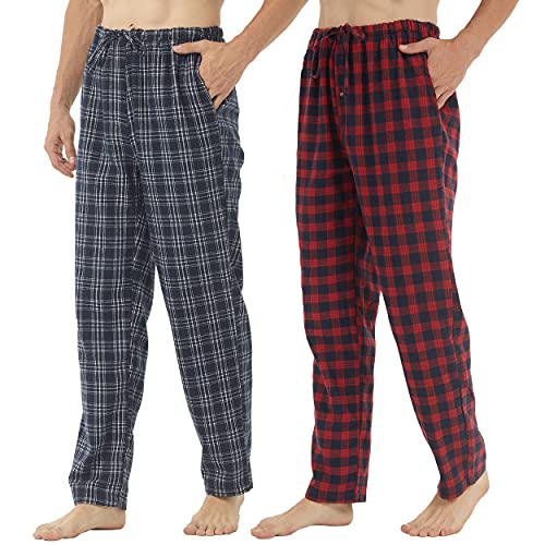 2 Pack Pyjamahose Herren Baumwolle Flanell Weiche Schlafanzughose Kariert Männer Pj Bottoms Lounge Schlafanzug mit Knopfleiste und Taschen von YUSHOW