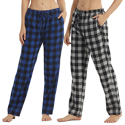 2er Pack Schlafanzughose Damen Lang Flanell Baumwolle Karierte Pyjamahose Winter Weich Nachtwäsche Hose Freizeithose mit Taschen und Kordelzug, Grau Schwarz Kariert+Blau Schwarz Kariert Größe L von YUSHOW