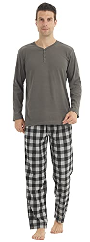 YUSHOW Schlafanzug Herren Lang Zweiteiliger Winter Henley Langarm Shirt Flanell Karierter Pyjamahose mit Tasche Weich Fleece Pyjama Loungewear Set, Dunkelgrau,grau Schwarz Kariert Größe L von YUSHOW