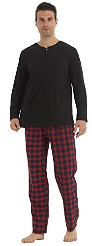 YUSHOW Schlafanzug Herren Lang Zweiteiliger Winter Henley Langarm Shirt Flanell Karierter Pyjamahose mit Tasche Weich Fleece Pyjama Loungewear Set,Schwarz + Rote Schwarze Streifen Größe L von YUSHOW