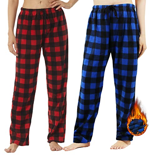 YUSHOW 2er Pack Pyjamahose Damen Lang Fleece Karierte Schlafanzughose Winter Weich Nachtwäsche Pyjama Hose Soft Freizeithose Weihnachts Pyjama mit Kordelzug, Red Plaid+Blue Plaid(2 Pack Größe S von YUSHOW