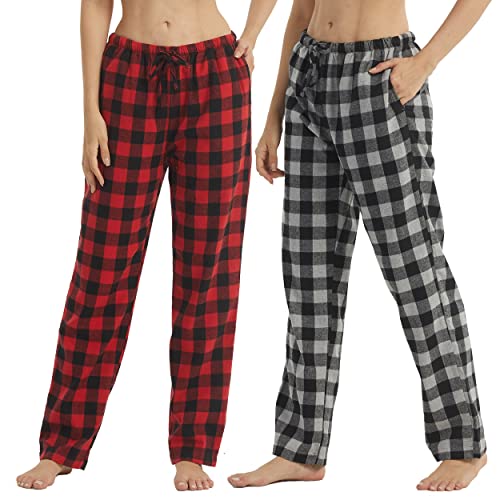 YUSHOW Damen-Schlafanzughose aus kariertem Baumwollstoff, Flanell-Loungehose mit Taschen, ultra-weiche Pyjamahose für Frauen, Loungewear, Nachtwäsche, 1er oder 2er Packung, Grey Black Checked+red Checked(2 Pack), Small von YUSHOW