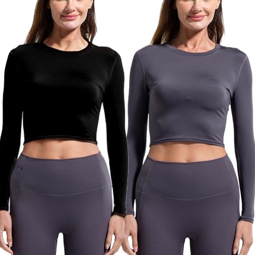YUSHOW 2er Pack Fitness Shirt Damen Gym Longsleeve Compression Shirt Rundhalsausschnitt Atmungsaktiv Leichtes Langarmshirt Yoga von YUSHOW