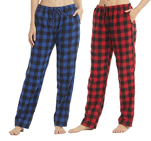 YUSHOW 2er Pack Pyjamahose Damen Lang Baumwolle Flanell Karierte Schlafanzughose Winter Weich Nachtwäsche Hose Freizeithose mit Taschen und Kordelzug Blaues Plaid+Rotes Plaid (2er Pack) Größe L von YUSHOW