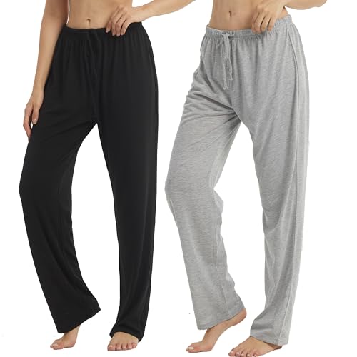 YUSHOW 2er Pack Pyjamahose Damen Lang Bequem Freizeithose Weich Nachtwäsche Hose Loungehose mit Kordelzug Pj Bottoms Lounge Komfort Schlafanzughose von YUSHOW
